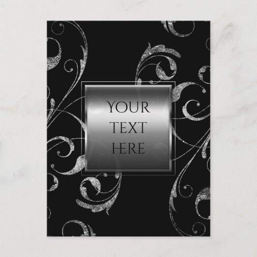 Carte Postale Black & Faux Silver Glass Floral Swirl Élégant (Devant)