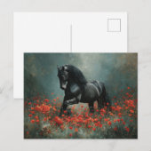 Carte Postale Black Friesian Stallion Red Poppies (Devant / Derrière)