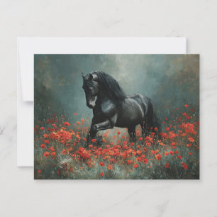 Carte Postale Black Friesian Stallion Red Poppies