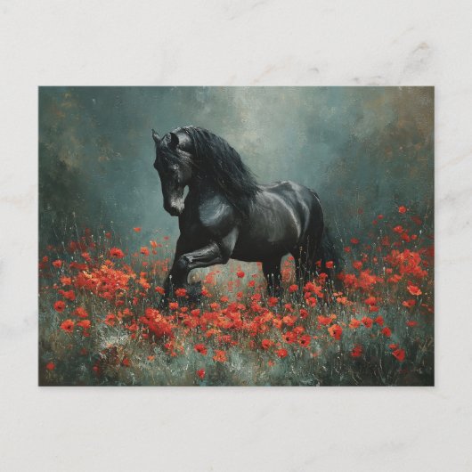 Carte Postale Black Friesian Stallion Red Poppies (Devant)