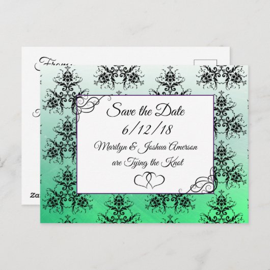 Carte Postale Black Green Mariage damassé Enregistrer la date Ca (Devant / Derrière)