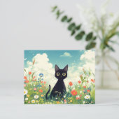 Carte Postale Black Kitten in Sunny Wildflower Summer Meadow (Debout devant)