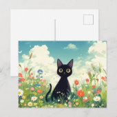 Carte Postale Black Kitten in Sunny Wildflower Summer Meadow (Devant / Derrière)