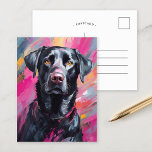 Carte Postale Black Lab Portrait Art Moderne<br><div class="desc">Portrait d'art moderne et vibrant d'un récupérateur de labrador noir avec des touches audacieuses et abstraites dans les tons noir, rose et jaune. Les traits expressifs capturent la personnalité ludique du chien, tandis que la palette de couleurs inattendue ajoute une touche fantaisiste et artistique au portrait traditionnel de l'animal de...</div>