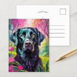 Carte Postale Black Lab Portrait Art Moderne<br><div class="desc">Portrait d'un laboratoire noir créé par l'IA, d'art moderne et surprenant, dressé contre un arrière - plan de jardin fleuri rose et vert abstrait. La silhouette foncée du chien contraste magnifiquement avec les couleurs vibrantes et tourbillonnantes du jardin, mêlant nature et animal dans un style expressif et contemporain. Les coups...</div>