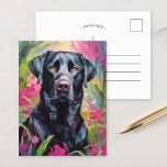 Carte Postale Black Lab Portrait Art Moderne<br><div class="desc">Portrait d'art moderne saisissant d'un laboratoire noir dressé contre un arrière - plan de jardin fleuri rose et vert abstrait. La silhouette foncée du chien contraste magnifiquement avec les couleurs vibrantes et tourbillonnantes du jardin, mêlant nature et animal dans un style expressif et contemporain. Les coups de pinceau abstraits créent...</div>