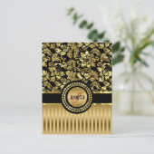 Carte Postale Black & Metallic Gold Floral Damas & Stripes (Debout devant)