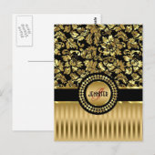 Carte Postale Black & Metallic Gold Floral Damas & Stripes (Devant / Derrière)