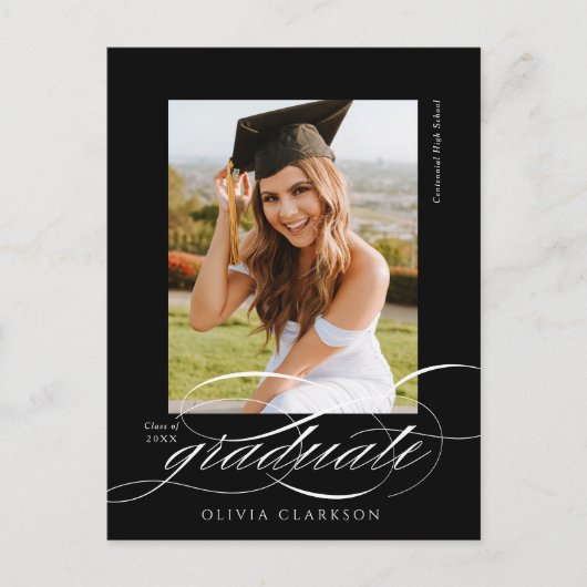 Carte Postale Black Modern Elegant Script Photo Graduation Party (Devant)