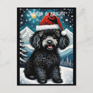 Carte Postale Black Poody Snowy Mountain Père Noël Puppy Holiday