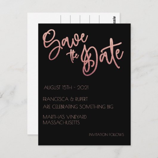 Carte Postale Black & Rose Gold Parties scintillant Mariage Enre (Devant / Derrière)