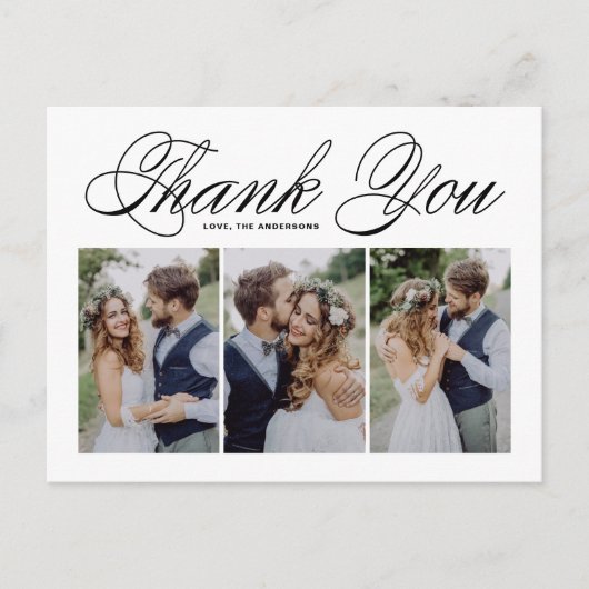 Carte Postale Black Script Trois Photo Collage Mariage Merci (Devant)