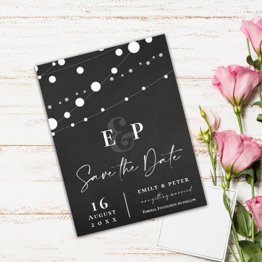 Carte Postale Black String Lights Monogramme Mariage Enregistrer