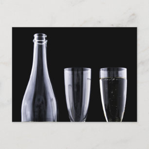Carte Postale Black White Champagne Bouteille Festive Lunettes d