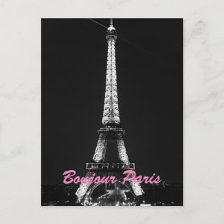Carte Postale Black White Eiffel Tower Bonjour Paris Nuit
