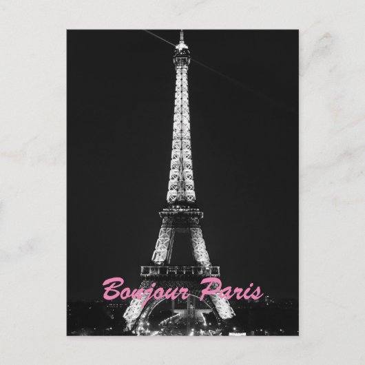 Carte Postale Black White Eiffel Tower Bonjour Paris Nuit (Devant)