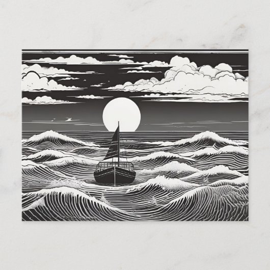 Carte Postale Black & White Lonely Sailboat Moon Waves (Devant)
