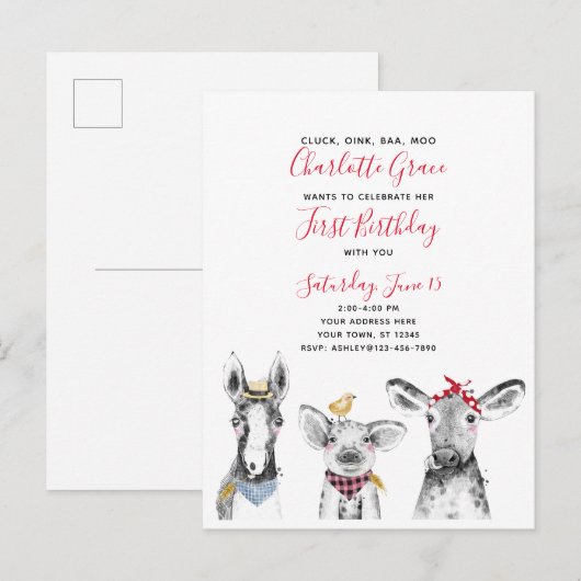 Carte Postale Black White Red Script Farm Invitation Anniversair (Devant / Derrière)