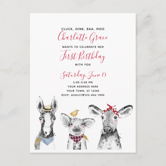 Carte Postale Black White Red Script Farm Invitation Anniversair (Devant)