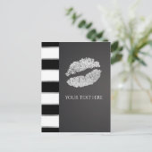 Carte Postale Black White Stripe Faux Silver Shimmer Lips événem (Debout devant)