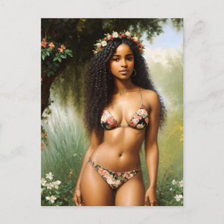 Carte Postale Black Woman Bikini Modèle beauté florale