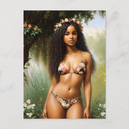 Carte Postale Black Woman Bikini Modèle beauté florale (Devant)