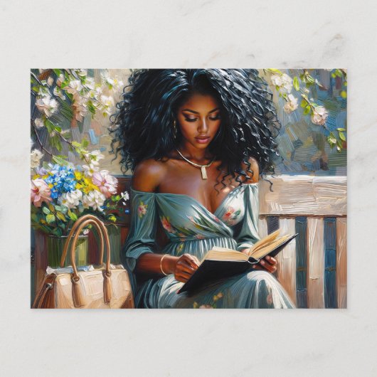 Carte Postale Black Woman Reading - Spring Floral Art (Devant)