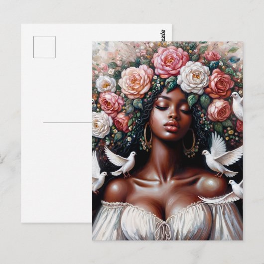 Carte Postale Black Woman With Doves Floral Art (Devant / Derrière)