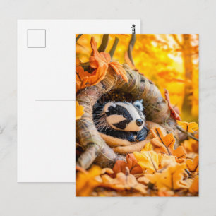 Carte Postale Blaireau en feutre dans une forêt automnale