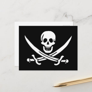 Carte Postale Blanc, Drapeau Pirate Calico Jack, Crâne & Cutlass