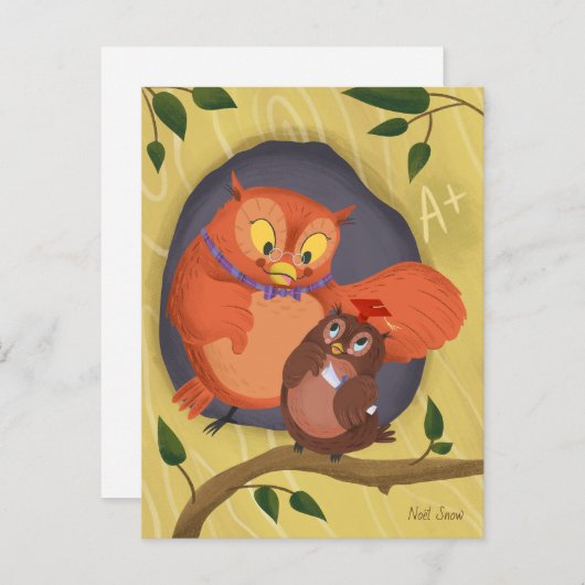 Carte postale blanche Casquette rouge Chouette (Devant / Derrière)