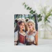 Carte Postale Blanche-Neige et Rose-Rouge avec l'ours (Debout devant)