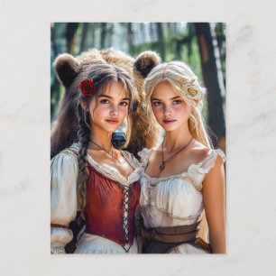 Carte Postale Blanche-Neige et Rose-Rouge et l'ours