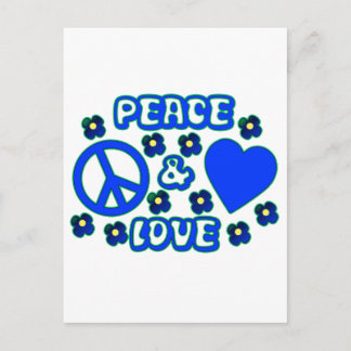 Carte Postale Bleu avec Fleurs Paix et Amour Design