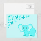 Carte postale Bleu Bébé Eléphant Et Papillons (Devant / Derrière)