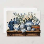 Carte Postale Bleu Blanc Café Pot Creamer Jar en verre de sucre (Devant / Derrière)