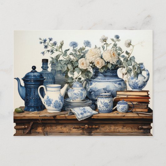 Carte Postale Bleu Blanc Café Pot Creamer Jar en verre de sucre (Devant)