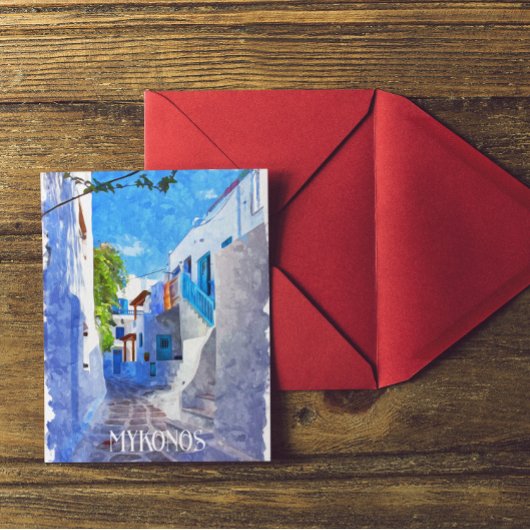 Carte Postale Bleu blanc élégant Mykonos Grèce Aquarelle