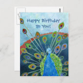 Carte Postale Bleu blanc mignon paon Anniversaire (Devant / Derrière)