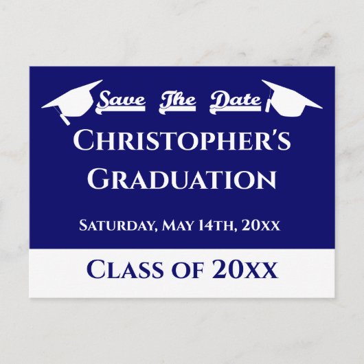 Carte Postale Bleu Blanc Moderne Classic Économisez La Date (Devant)