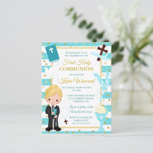 Carte Postale Bleu Blonde Boy Première Sainte Communion Postca (Debout devant)
