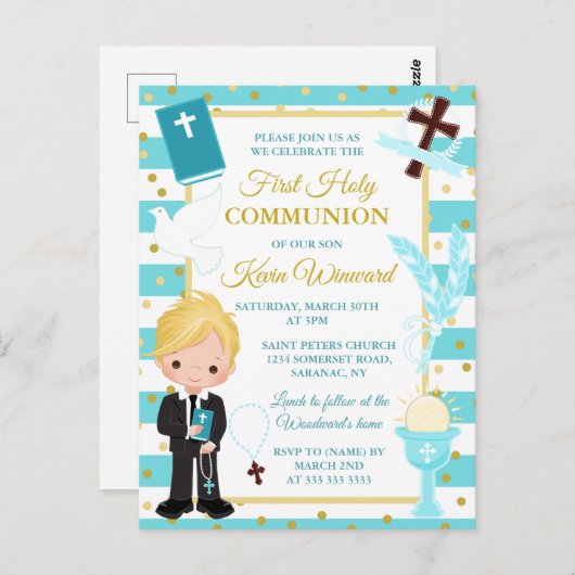 Carte Postale Bleu Blonde Boy Première Sainte Communion Postca (Devant / Derrière)