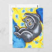 Carte Postale Bleu Britannique Shorthair Lit Fleur Chat (Devant / Derrière)