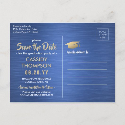 Carte Postale Bleu brossé et or - photo Enregistrer la date (Dos)