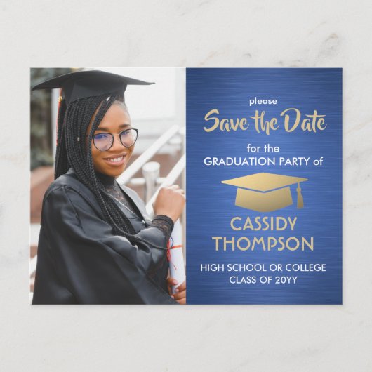 Carte Postale Bleu brossé et or - photo Enregistrer la date (Devant)