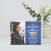 Carte Postale Bleu brossé et or - photo Enregistrer la date (Debout devant)