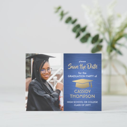 Carte Postale Bleu brossé et or - photo Enregistrer la date (Debout devant)