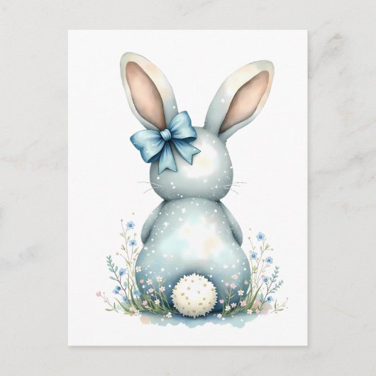 Carte Postale Bleu Bunny Tail Lapin de Pâques avec Oeufs (Devant)