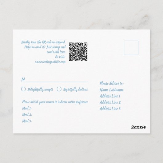 Carte Postale Bleu clair blanc QR Code choix de repas RSVP (Dos)