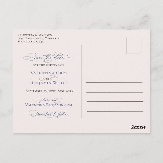 Carte Postale Bleu Dusty beige floral élégant Enregistrer la dat (Dos)